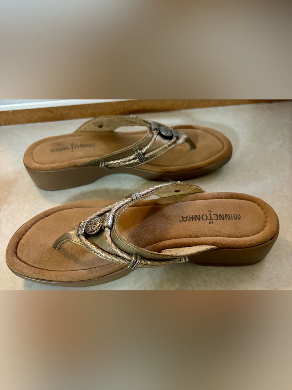 Minnetonka Metallic Gold Braided Thong Sandals with Decorative Medallions